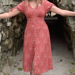 Red floral midi dress.